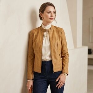 Reitmans Faux Leather Cognac Camel Moto Jacket L Boho Chic Classic Casual